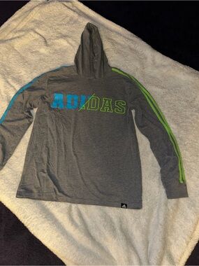 adidas Heather Gray Hooded Long Sleeve Top with White Logo